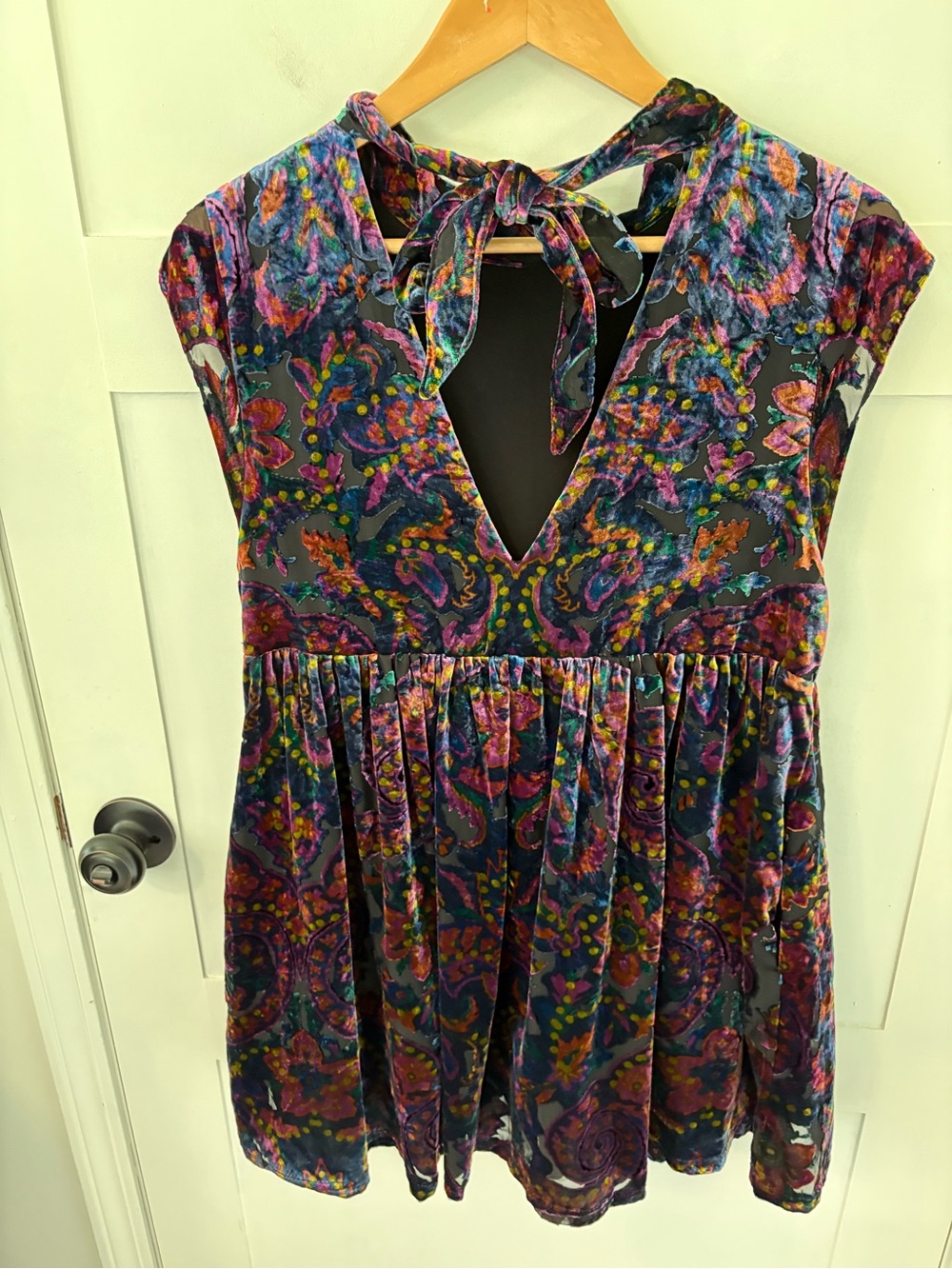 Free People Velvet Paisley Smocked Mini Dress. Size Small. - Picture 8 of 14